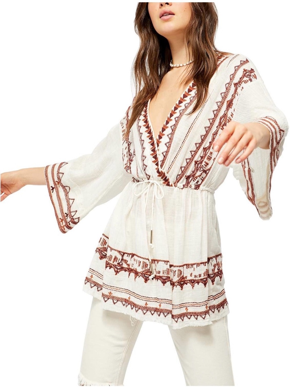 Free People Embroidered Boho Peasant Tunic Top Ivory Brown Drawstring S/P